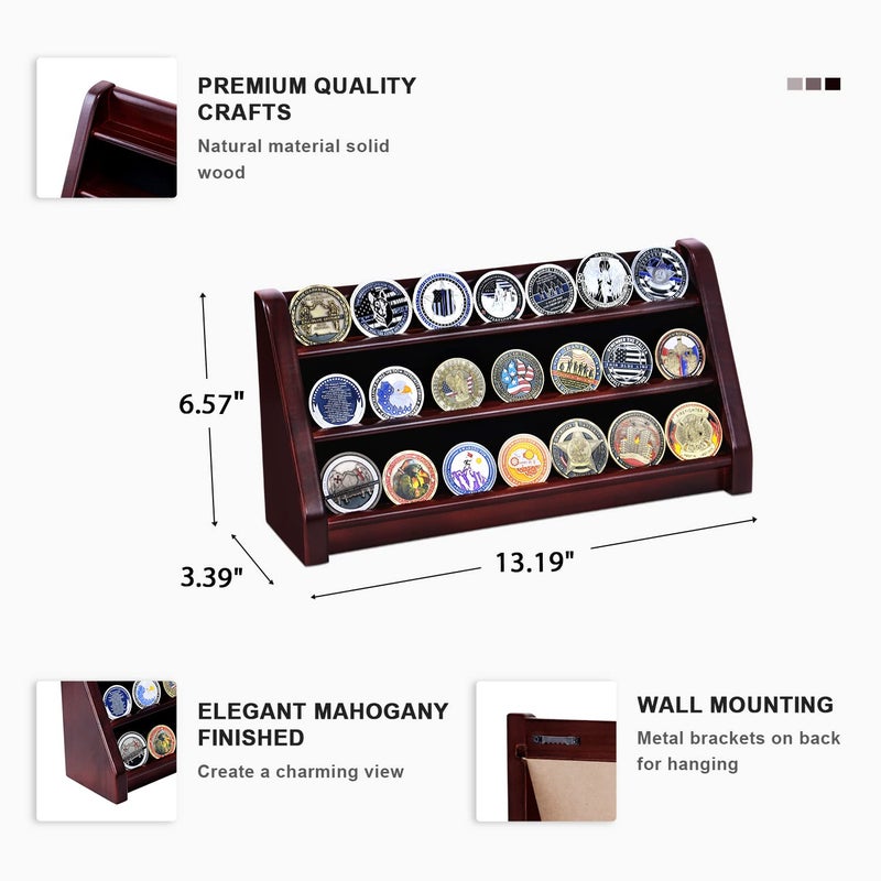 ASmileIndeep 3 Rows Wooden Challenge Coin Wall Display Stand - Military Coin Holder Army Coins Rack, Holds 21-24 Coins, Mahogany - Image 2